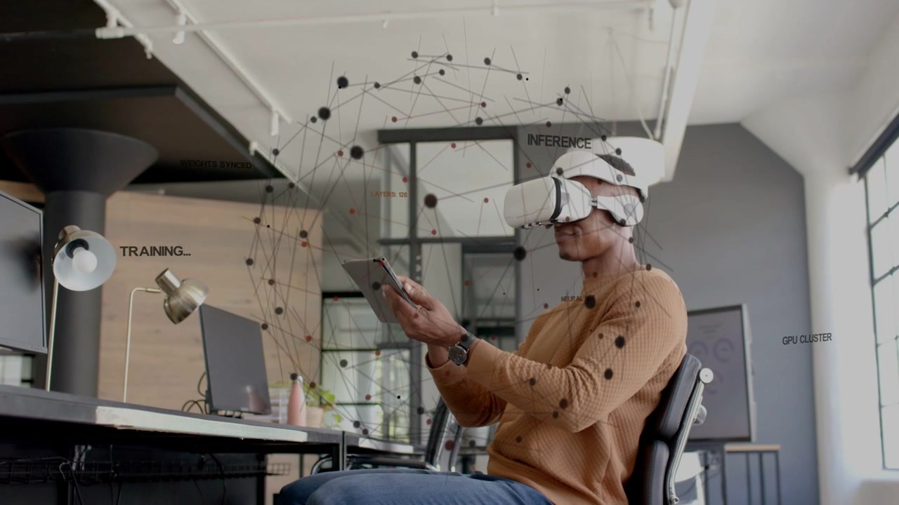 Tecnico uomo che tocca un tablet in ufficio, in VR genera una cupola neurale espansiva intorno a sé per l'addestramento.