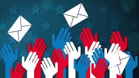 multiple envelope icons and hands against stars on blue background