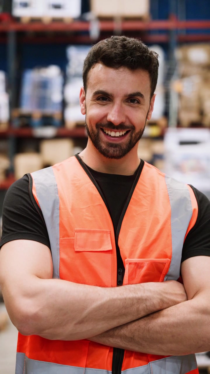 Magazziniere Uomo Felice Sorridente con le Braccia Incrociate