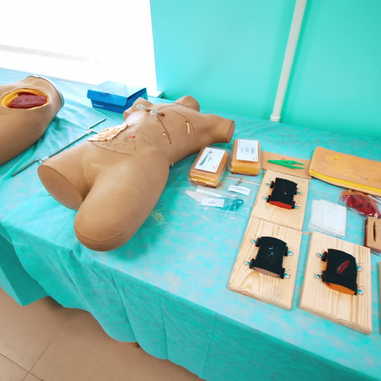 Plastic models for teaching in medical university. Dummy parts of human body for practising students lying on table