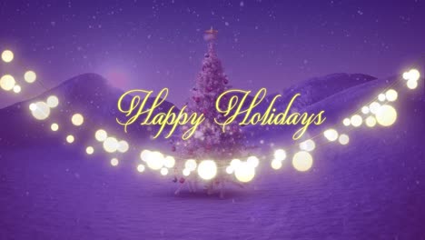 Animation-of-happy-holidays-text-strings-of-glowing-christmas-fairy-lights-and-christmas-tree