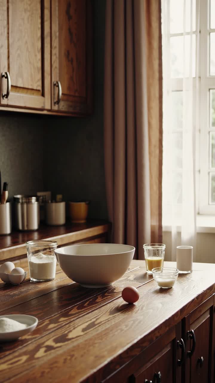 Warm, rustic kitchen scene with ingredients on a wooden table, shot from a side angle, perfect