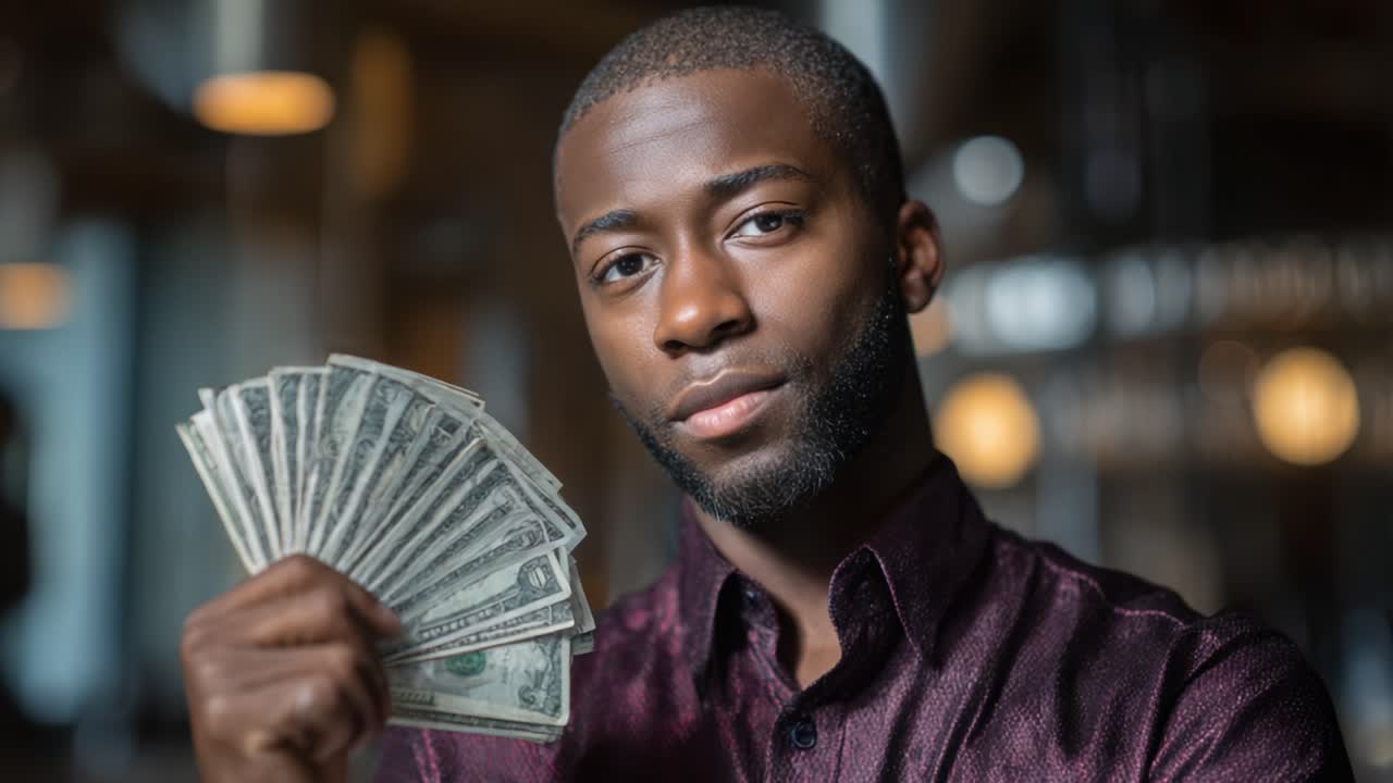 Persona sicura di sé che mostra denaro in mano, enfatizzando ricchezza, successo e realizzazione finanziaria in un ambiente moderno, catturata in due fotogrammi