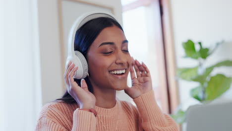 Dance,-headphones-and-young-woman-in-the-living