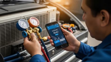 technician using diagnostic tools to monitor and measure hvac system performance with precision instruments and a smartphone, ensuring optimal functionality