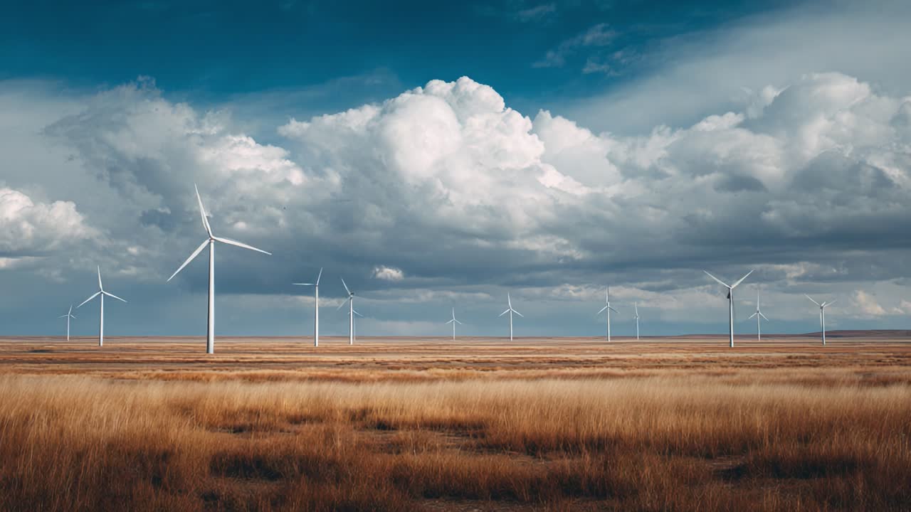 A breathtaking view of expansive wind farms stretching across golden fields under a dramatic sky adorned with clouds, showcasing the essence of renewable energy and nature's beauty