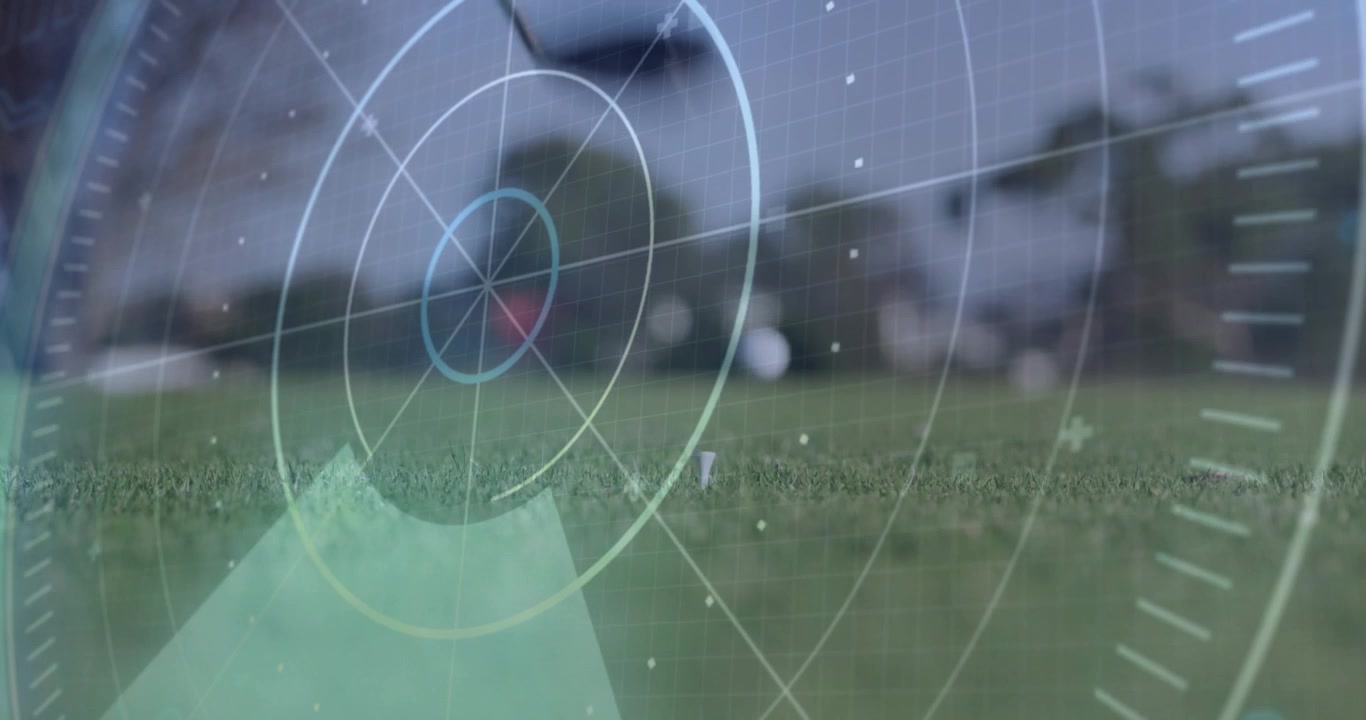 Golf ball appearing on tee, initiating HUD rotating and pulsing, driver shifting left aligning aim
