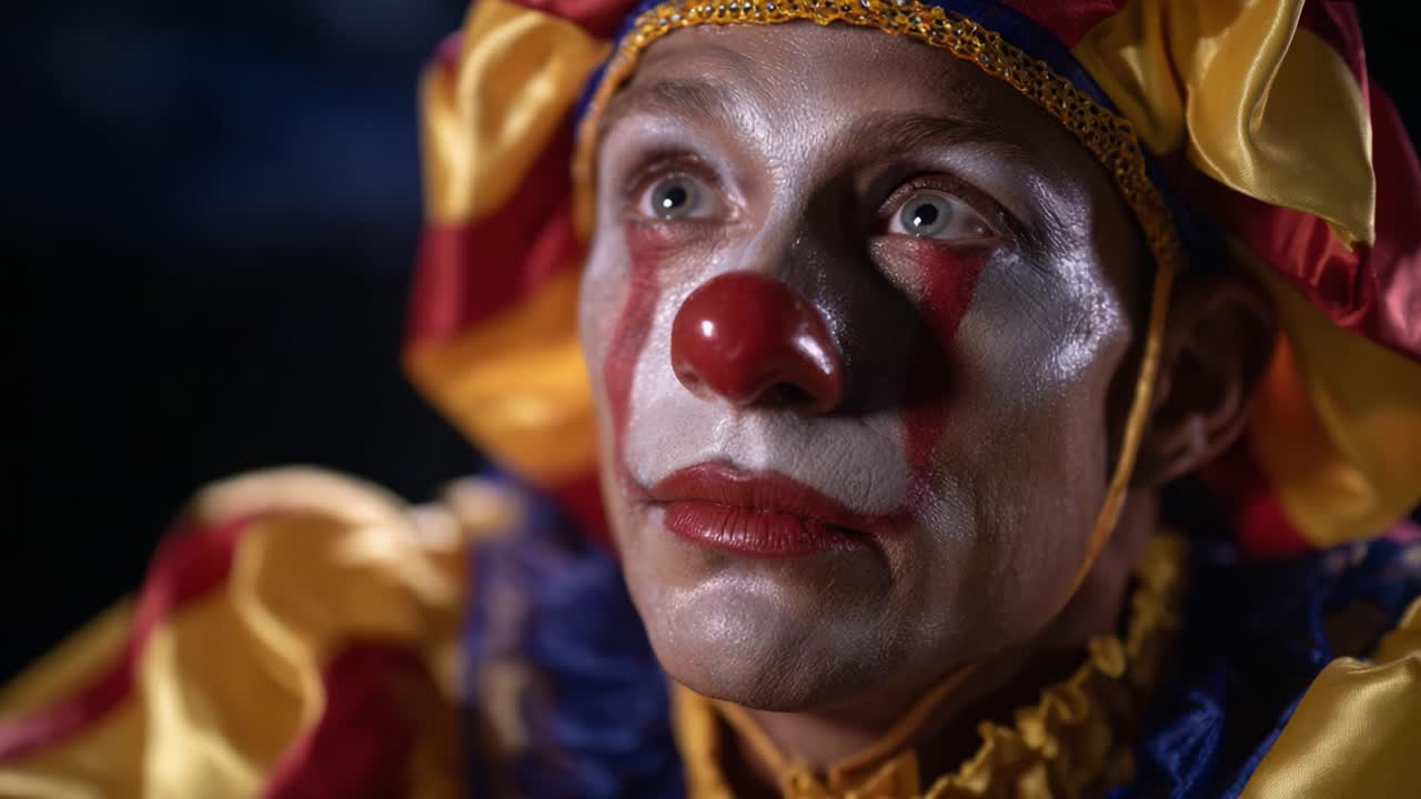 Emotional Clown Portrait: A Captivating Close-Up of a Clown Expressing a Range of Emotions Through Unique Makeup and Colorful Costume in a Dramatic Setting