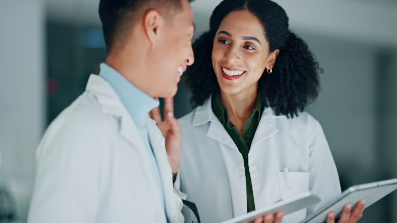 Scientist, happy teamwork and tablet in laboratory
