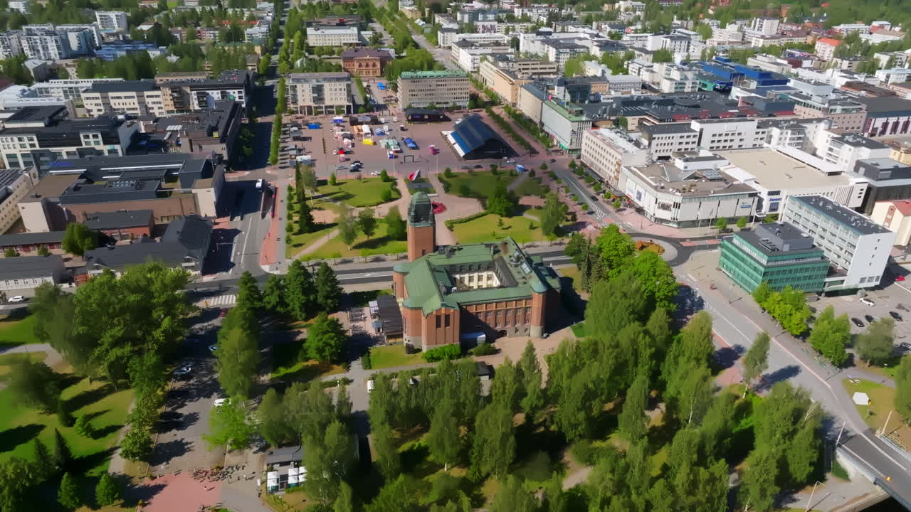 Panoramic drone shot around the Museum Eliel and downtown Joensuu, summer day