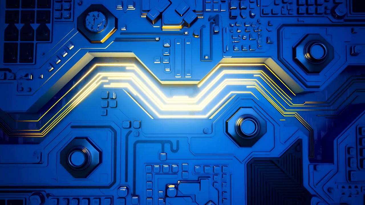 Abstrakt blå elektronisk overflade med en lysende gul oplyst sti hen over midten, detaljerede kredsløbsmønstre, mørke skygger og en futuristisk teknisk