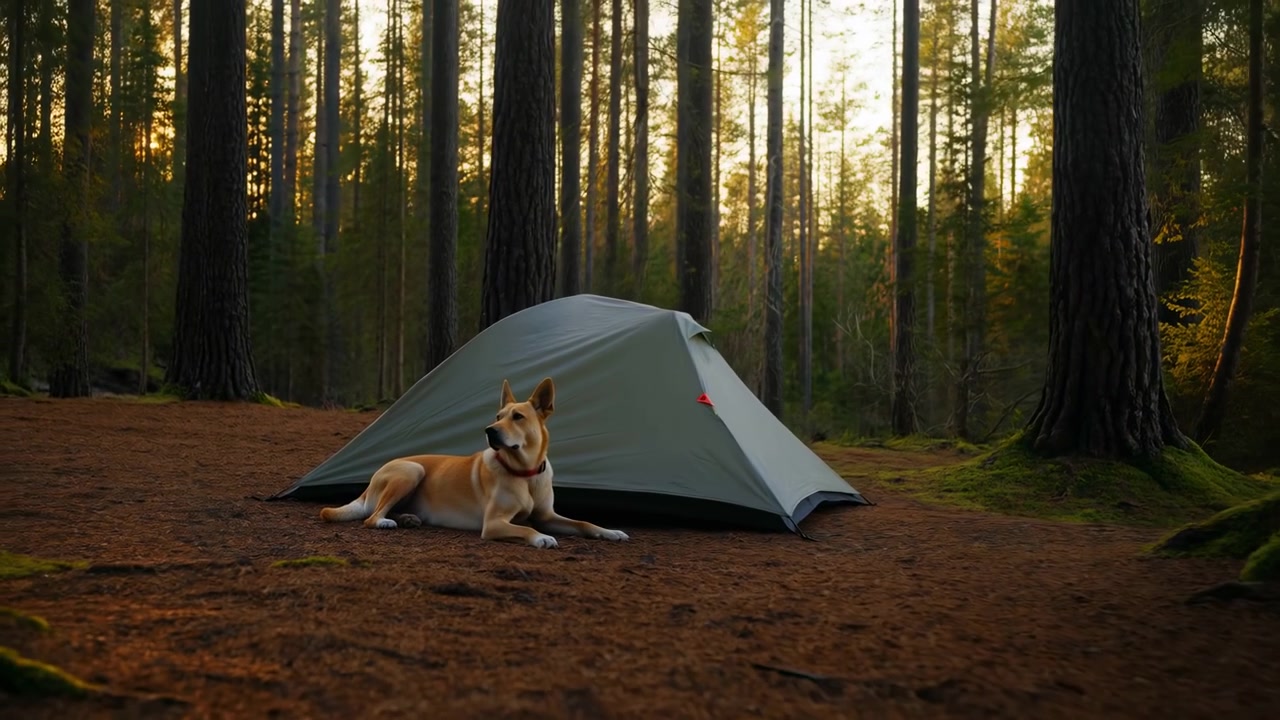 Tan dog with upright ears remains lying near pitched dome tent as view gradually widens, showing pine needles, tree trunks, patches of moss, and soft golden light filtering through forest.