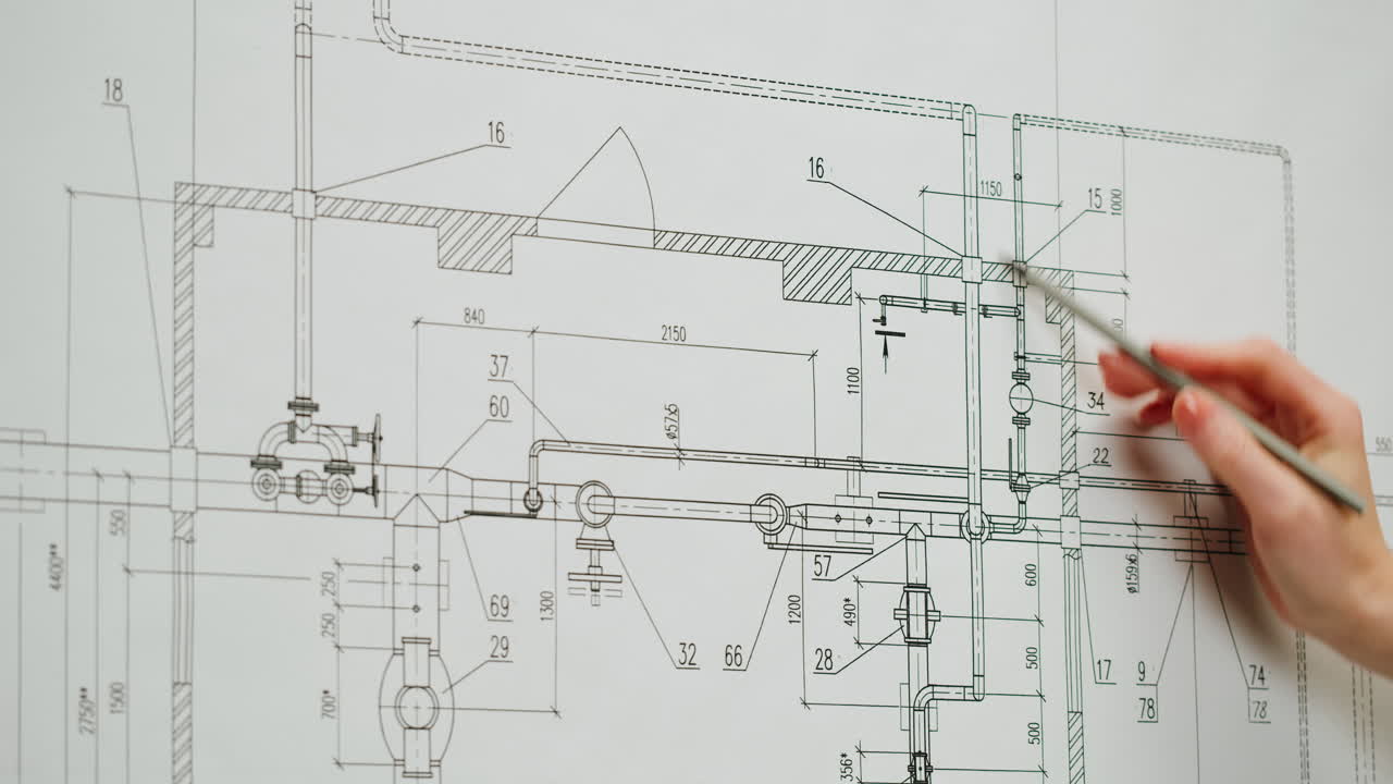 Close-up of a Hand Pointing at an Engineering Blueprint