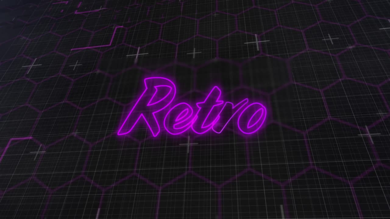 Animazione di testo retrò al neon viola tremolante e luminoso su esagoni e griglia.