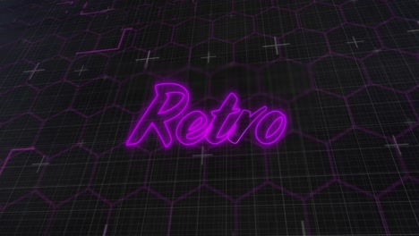 animación de texto parpadeante de neón retro púrpura brillante sobre hexágonos y cuadrícula