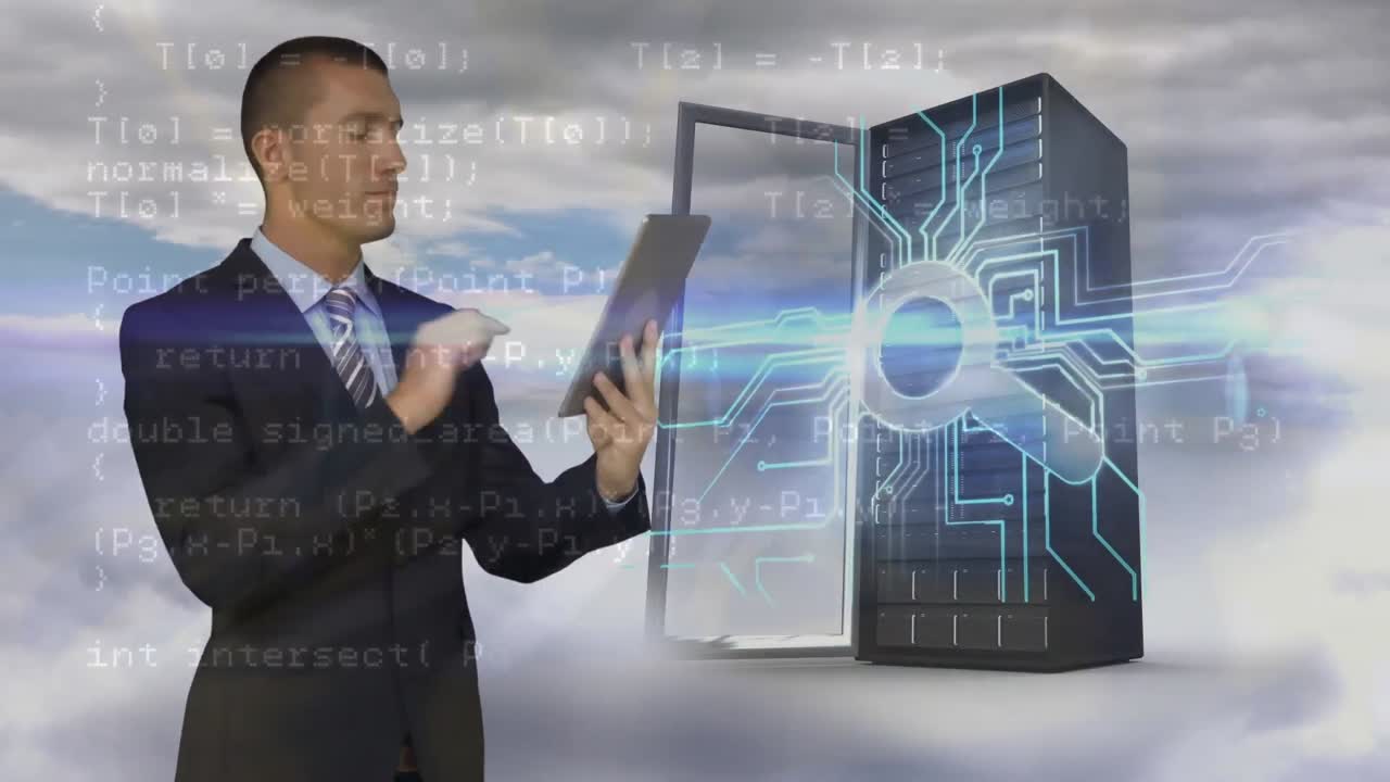 animación del procesamiento de datos con el hombre de negocios