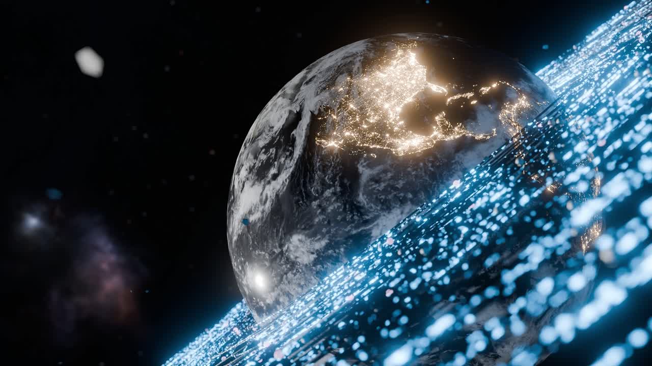 Earth showing illuminated North and Central America with blue light trails in outer space. United States, Mexico, Canada. 3D rendering with night lights and energy wave. technology global connection