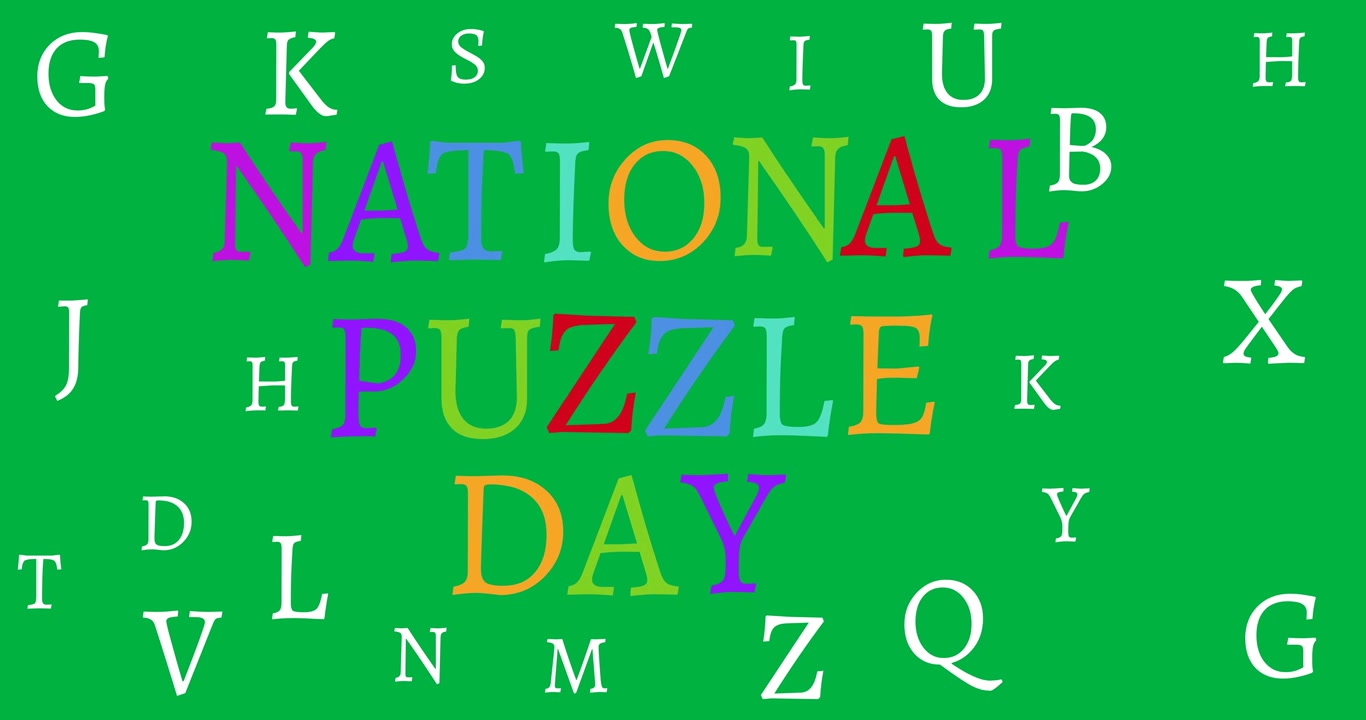 Digitální animace ilustrace puzzle na černém pozadí, textový banner s nápisem 'Národní den skládaček'.