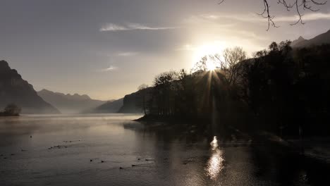 the dreamy, misty atmosphere over walensee lake in switzerland during sunrise, featuring serene waters, silhouetted trees, and a tranquil alpine landscape.