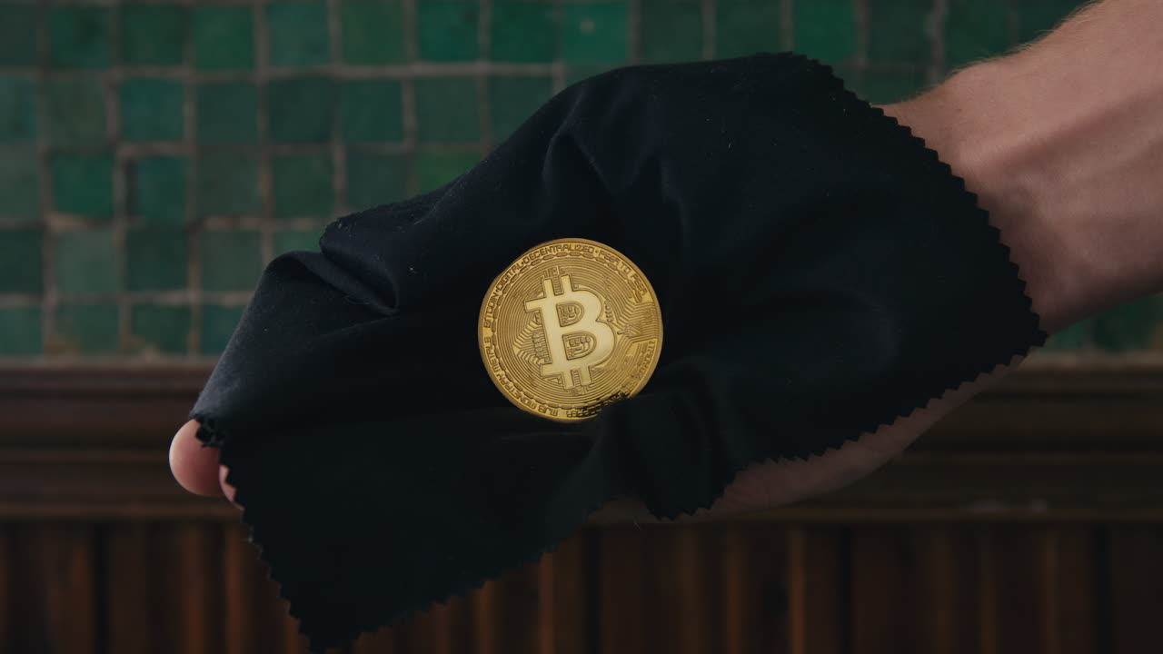 A hand carefully holds a bitcoin on a soft black cloth, evoking the sense of value, rarity, and reverence
