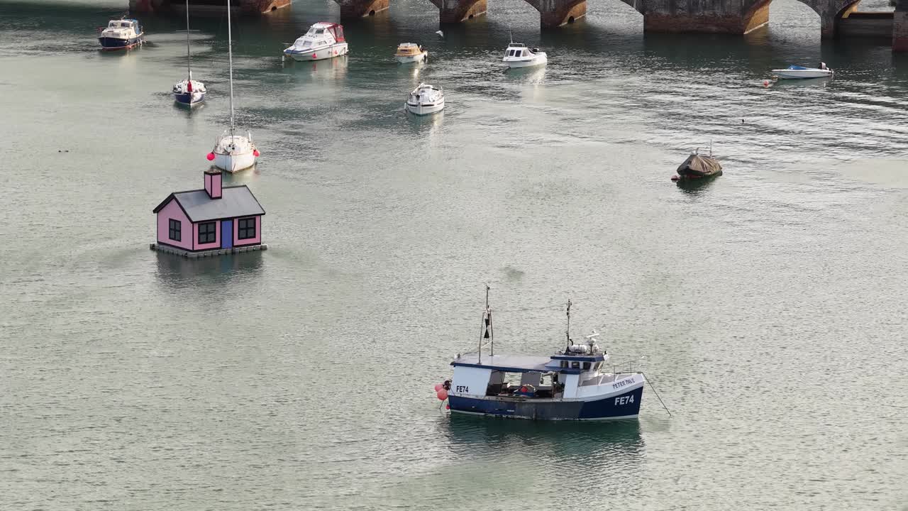 Anchored Boats At Folkestone Harbour In Folkestone Town In Kent, England. Aerial Shot