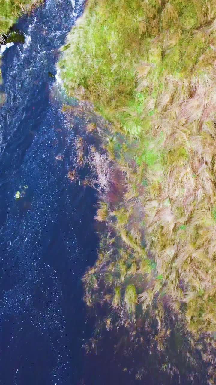 Top down aerial view of fast flowing river in North Wales. Ideal for travel vlogs and nature-themed Reels. Vertical video 9:16 format