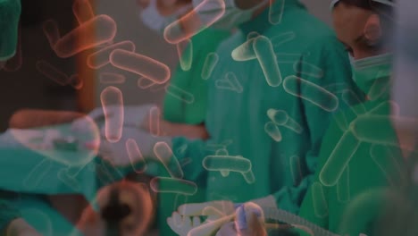 animación de células de virus flotando sobre los médicos durante la cirugía