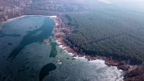 Aerial-landscape-sliedling-and-orbit-shot-of-barely-frozen-lake-with-reeds-and-pinetrees,-Szűcsi,-Hungary,-Europe