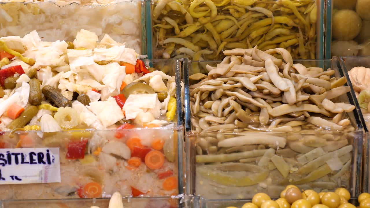 Assortment of Turkish Pickled Vegetables in a Market