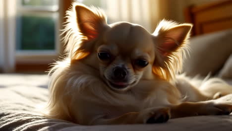 a long-haired chihuahua dog lying on a bed