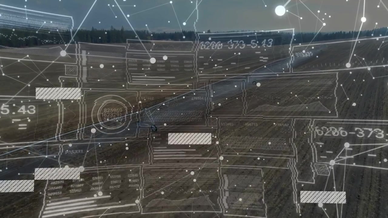 Overlay activating, small dark vehicle traversing diagonal field while monitoring crop metrics