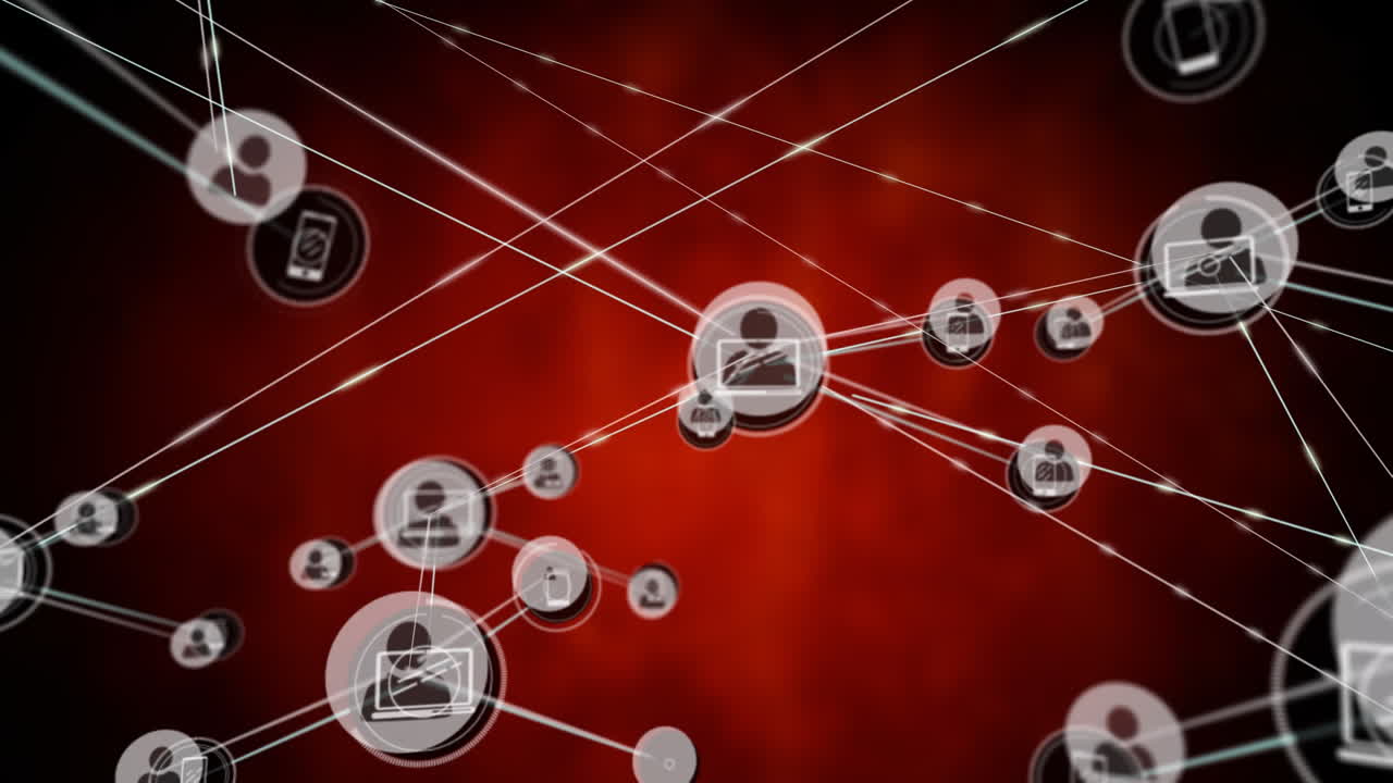 검은색 배경에 아이콘을 가진 연결 네트워크의 애니메이션