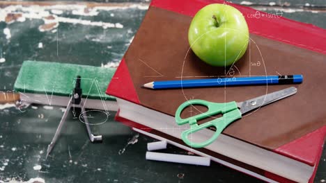 mathematical equations and diagrams floating against school equipments on wooden surface