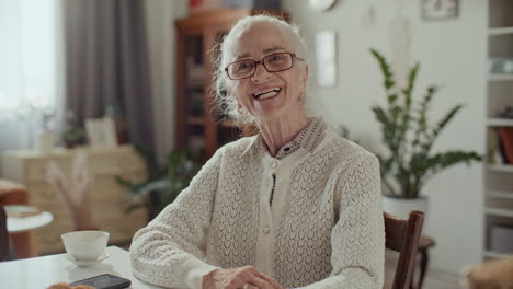 positive elderly woman looking into camera and speaking via video call at home