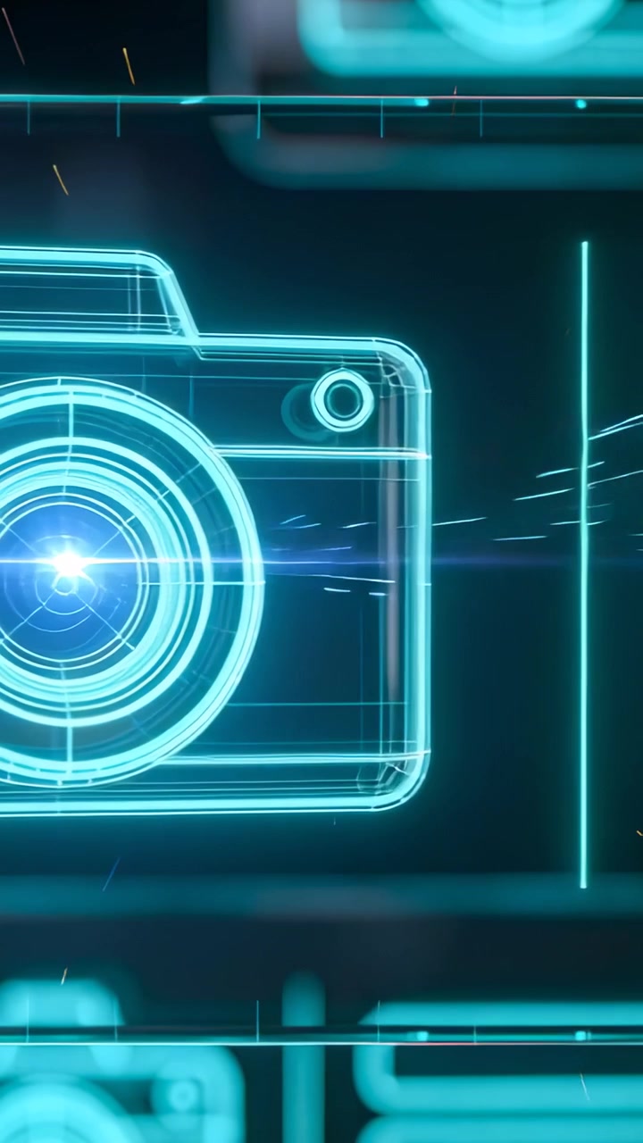 Vertical video: Scan lines revealing cyan hologram camera icon centering on HUD, for tech demo