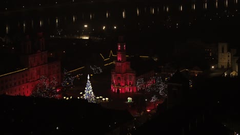 Drone aerial view of Kaunas old town. Town Hall square and Christmas tree