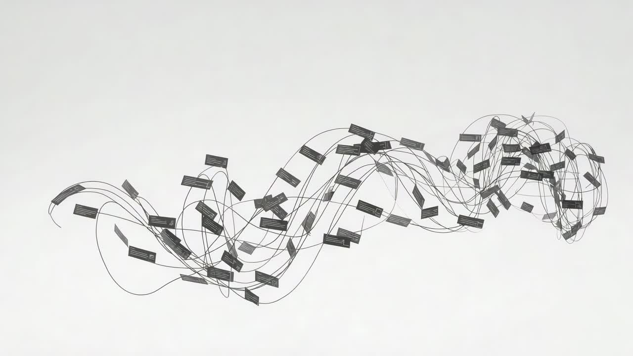 Shifting abstract assemblage responding to frames in studio with dark panels on thin wires