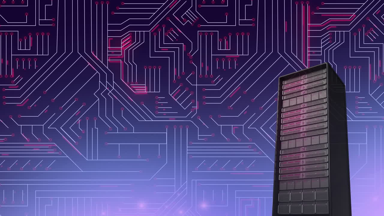 Computer server tower on circuit board with purple background
