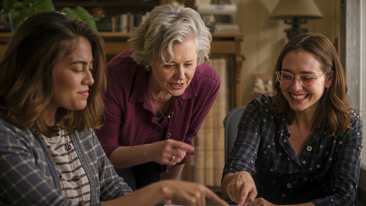 Pointing maroon senior woman leaning between two women at home, guiding hands over tabletop papers