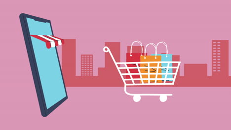 smartphone with shopping cart commerce electronic animation