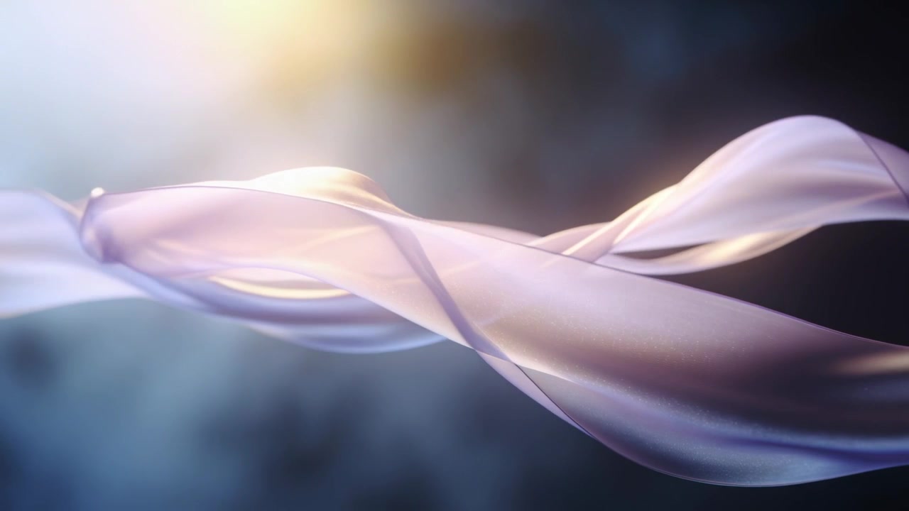 Nastro trasparente che si attorciglia, fluttua, si appiattisce e si riforma in uno studio 3D con una luce chiave calda che si sposta.