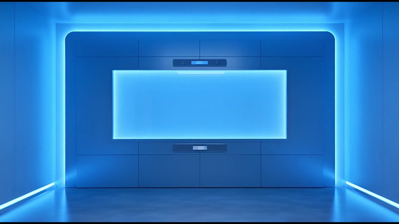 Stanza futuristica vuota con schermo blu e luci al neon