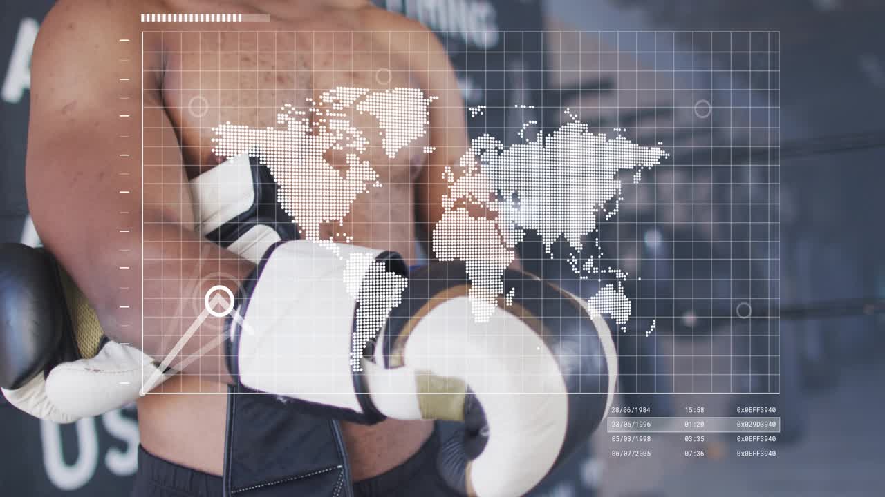 Male boxer tightening glove straps for sports prep at corner, HUD map and graph overlaying gloves