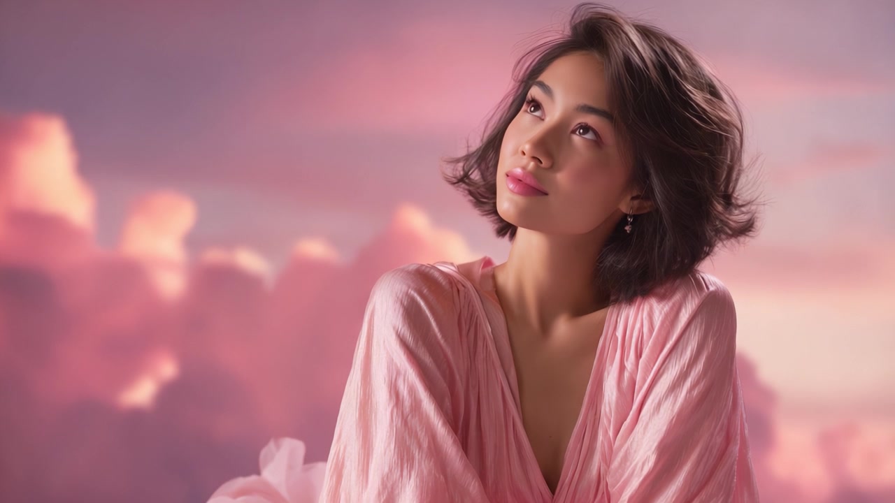 柔らかなピンクの衣装を身につけた若い女性の穏やかなポートレート。夢のような雲を背景に、パステル調の世界で内省と静けさの瞬間を捉えている。