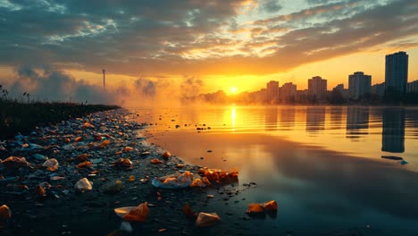 sunset over polluted riverbank highlights environmental challenges