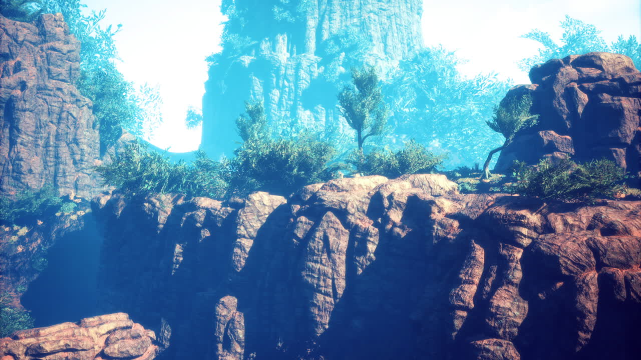 푸른 푸른 빛 아래의 바위 절벽 풍경과 울창한 초록색