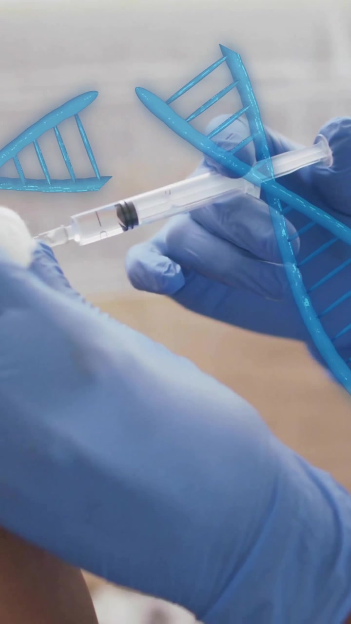 Animazione di eliche di DNA su una donna vaccinata