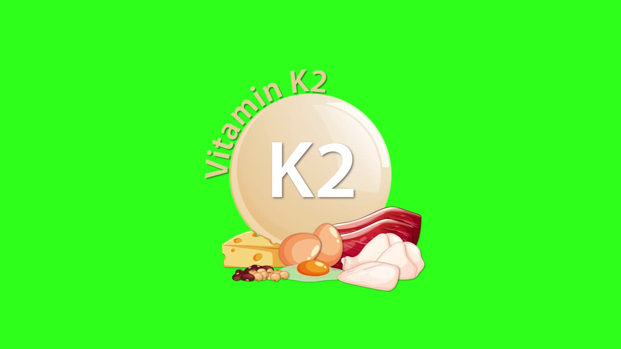 A Vitamin K2 supplement icon animates in, surrounded by cheese, eggs, and bacon, on a bright green background with smooth, simple transitions