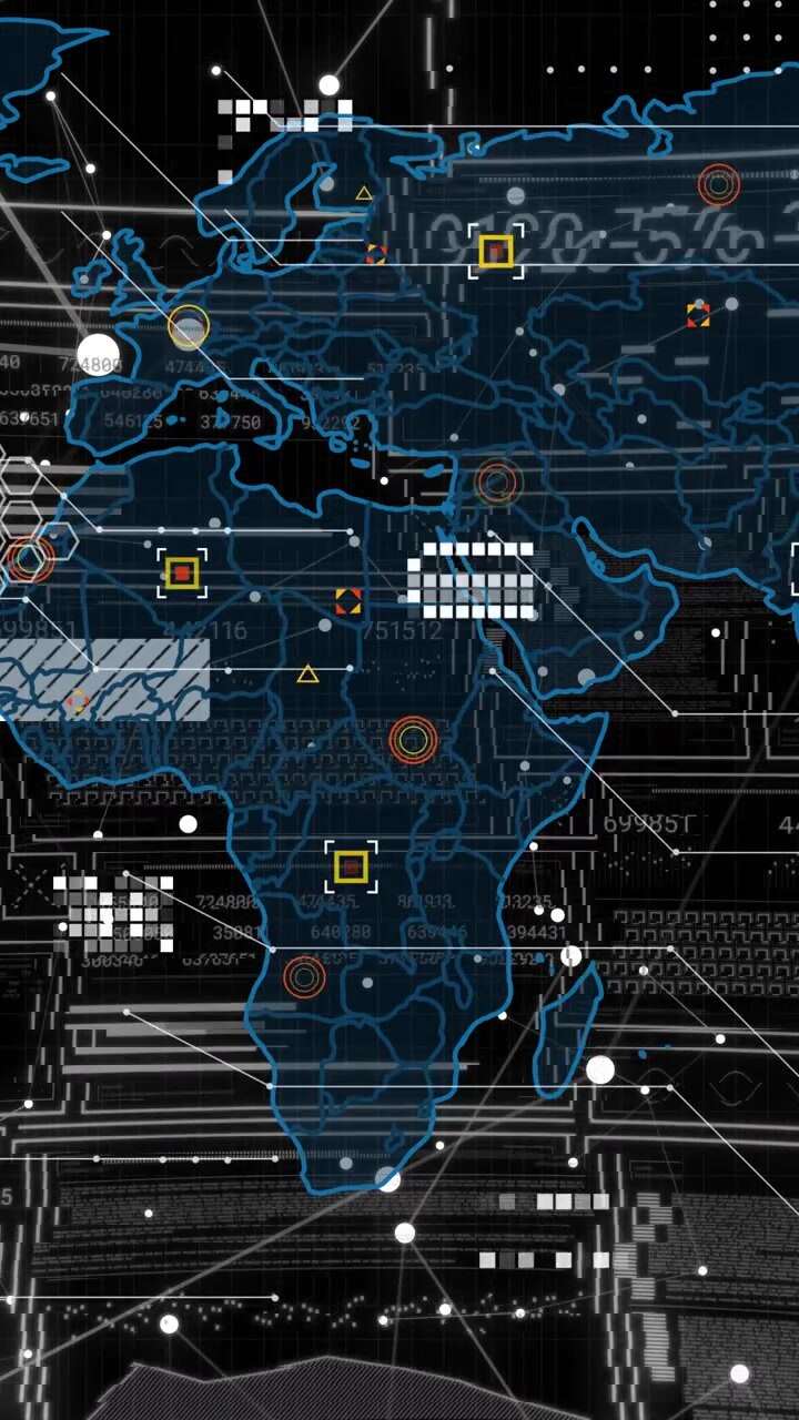 Vertical video: Pulse starting blue Africa map HUD sliding, markers pulsing, nodes linking for data