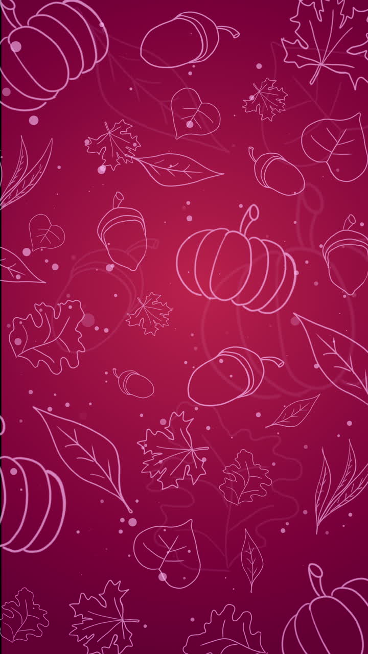Animate hand drawn pattern with autumn elements contours: foliage, berries and acorns on purple loop background. Vertical video.